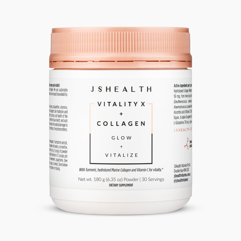 JSHealth Vitality X + Collagen bottle pour for daily energy routine.