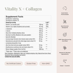JSHealth Vitality X + Collagen ingredients glass highlighting silica and vitamins for skin support.