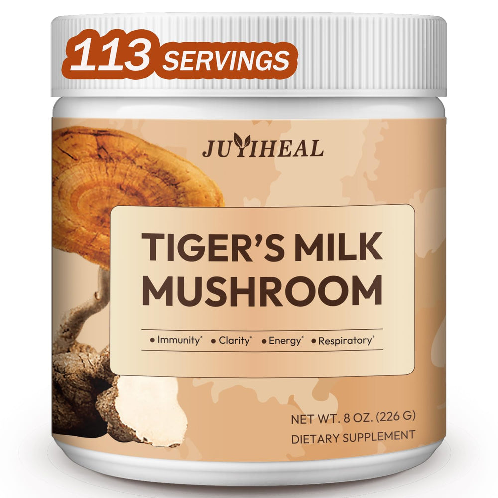 JUYIHEAL Tiger Milk Mushroom bottle showing potential respiratory support and immune wellness.