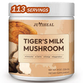 JUYIHEAL Tiger Milk Mushroom bottle showing potential respiratory support and immune wellness.