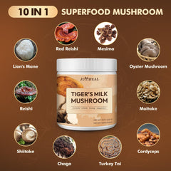 JUYIHEAL Tiger Milk Mushroom powder scoop with 2000mg per serving for easy daily intake.