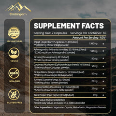 Juebingy Shilajit Capsules with Ashwagandha roots highlight enhanced energy and endurance.