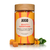 JUGO Beauty Gummies bottle on display highlighting collagen for hair, skin, and nails.