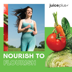 Juice Plus+ Vegetable Blend bottle pouring shot for easy daily intake.