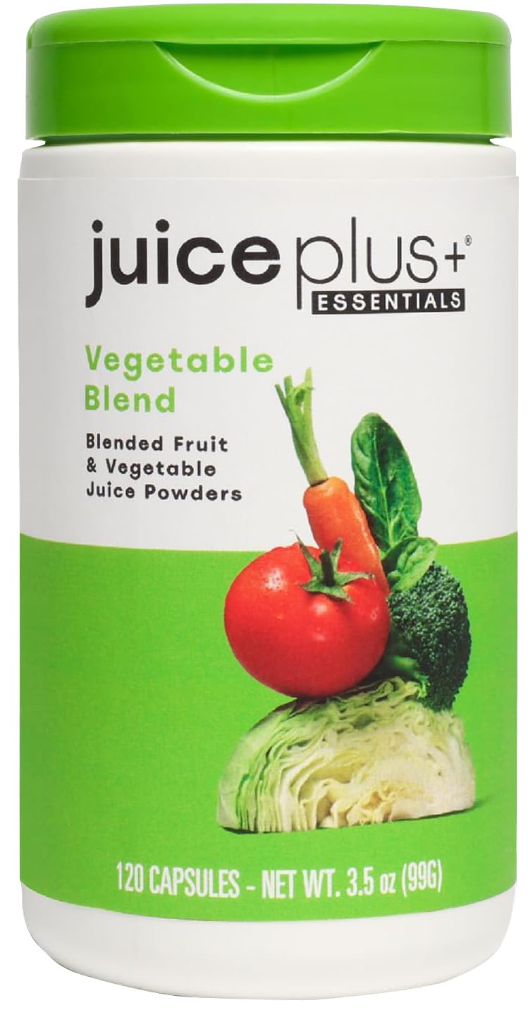 Juice Plus+ Vegetable Blend bottle shows broccoli highlights for daily heart and immune support.
