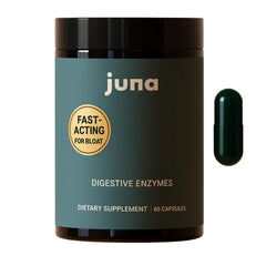 Juna Detox bottle highlighting digestive enzymes for gut comfort.
