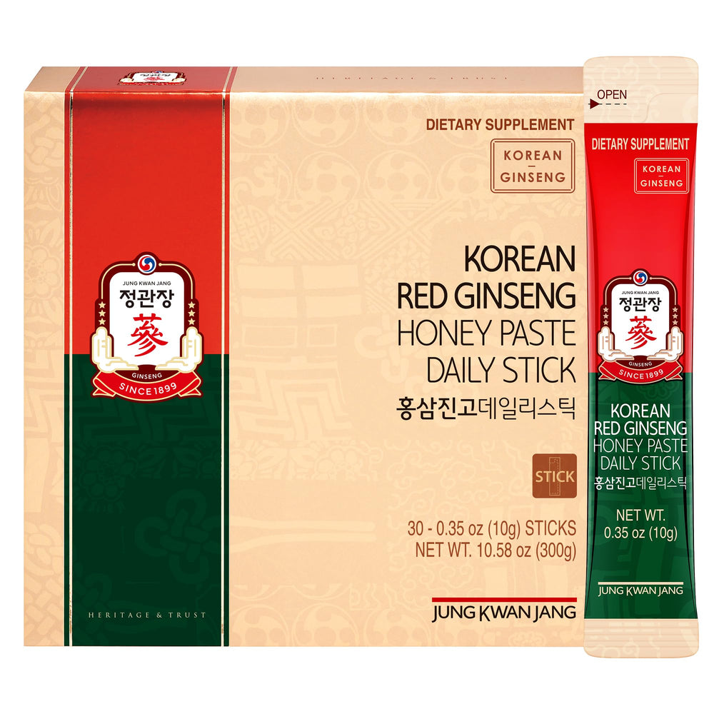 Jung Kwan Jang Korean Red Ginseng Honey Paste Daily Stick packaging on display, premium energy booster.