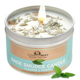 JUNIPERMIST Sage Smudge Candle front view for cleansing spaces.