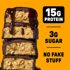 JUNKLESS Chocolate Peanut Butter Bar nutrition panel featuring 15g protein and 7g fiber.