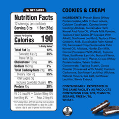 Close-up of JUNKLESS Cookies & Cream bar highlighting creamy texture and protein.