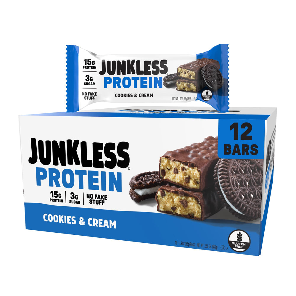 JUNKLESS Cookies & Cream bar package shows gluten-free packaging for a grab-and-go snack.