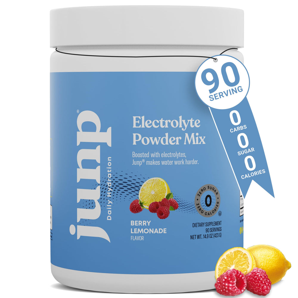 JUNP Berry Lemonade electrolytes powder tub for sugar-free hydration.