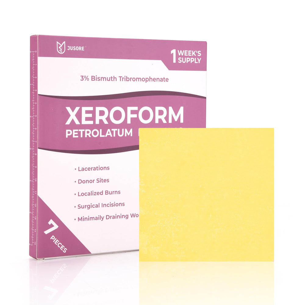 JUSORE Xeroform Petrolatum Dressing 4x4 packaging keeps sterile packaging intact for easy first aid.