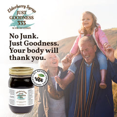 Just Goodness 333 elderberry syrup family use on table for everyday wellness