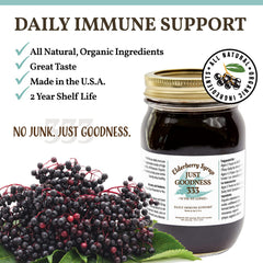 Just Goodness 333 elderberry syrup label close-up showing organic ingredients and USA-made quality