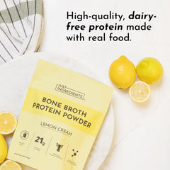 Real ingredients visible in JUST INGREDIENTS Lemon Cream bone broth protein blend.