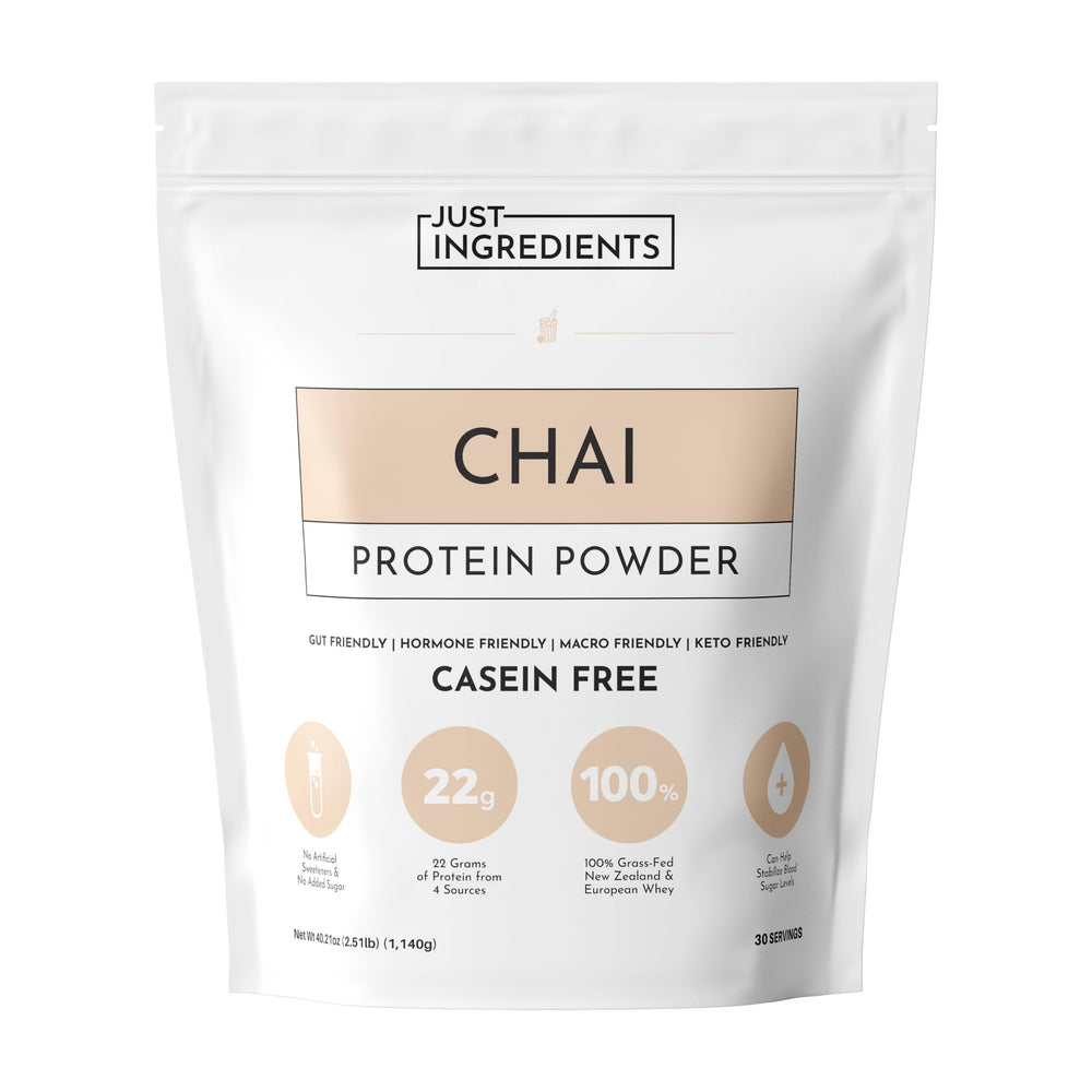 JUST INGREDIENTS Chai Protein Powder tub front showing grass-fed whey blend for muscle support