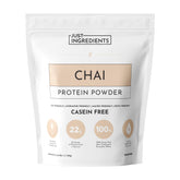 JUST INGREDIENTS Chai Protein Powder tub front showing grass-fed whey blend for muscle support