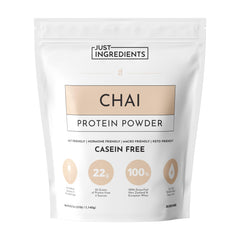 JUST INGREDIENTS Chai Protein Powder tub front showing grass-fed whey blend for muscle support