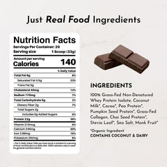JUST INGREDIENTS Chocolate Protein Powder bottle closeup highlights rich cocoa flavor for shakes