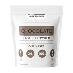 Just Ingredients chocolate protein powder jar showcasing premium blend for muscle recovery