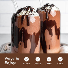 JUST INGREDIENTS Chocolate Protein Powder serving in bowl with spoon for oatmeal or baking