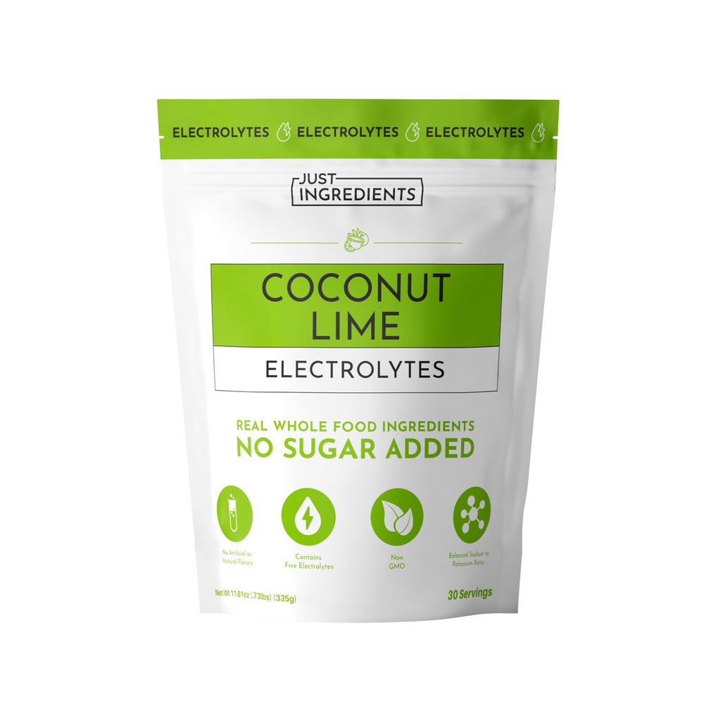 Just Ingredients Coconut Lime Electrolytes bottle pour for quick hydration after workouts.
