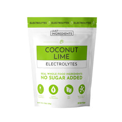 Just Ingredients Coconut Lime Electrolytes bottle pour for quick hydration after workouts.