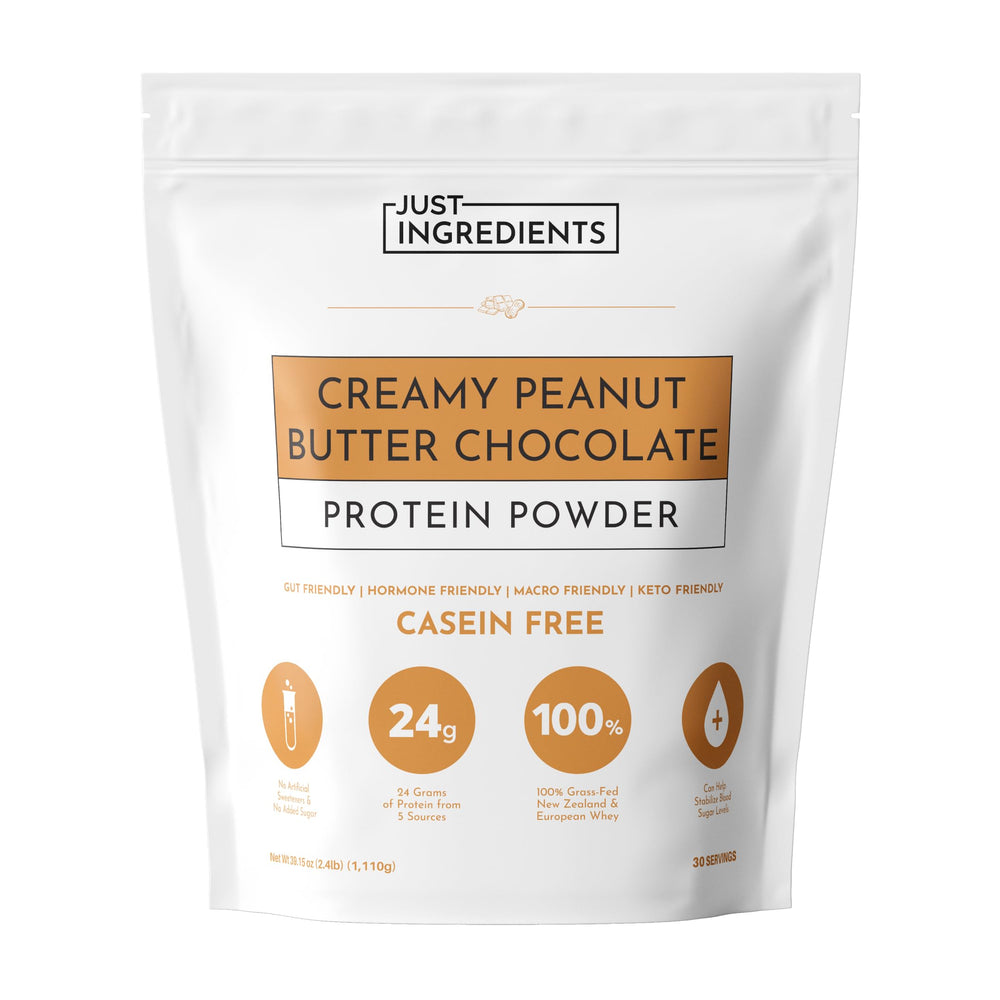 JUST INGREDIENTS creamy peanut butter chocolate protein powder jar shows rich texture for shakes.