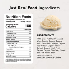 Back of the bag with gluten free and non GMO labels for JUST INGREDIENTS French Vanilla Protein