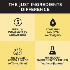Just Ingredients fruit-flavored electrolyte powder dispersing in water for flavor.