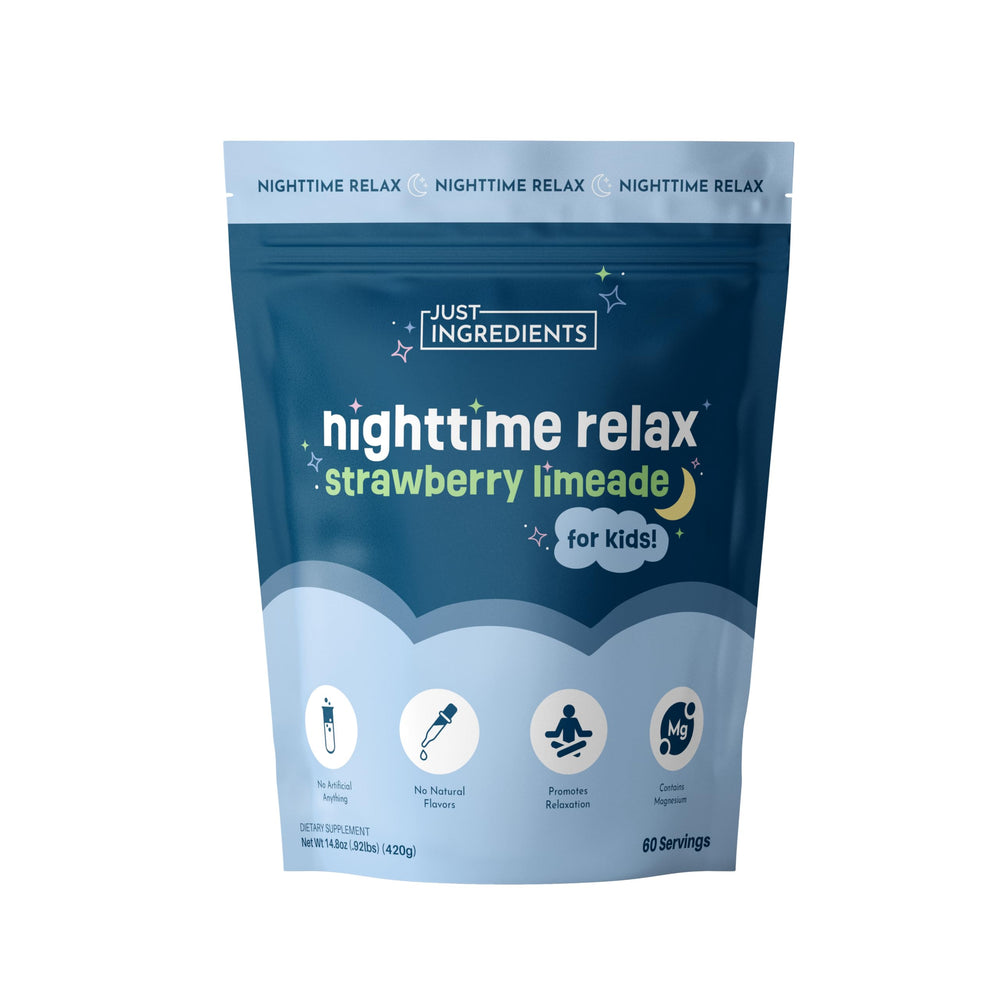 JUST INGREDIENTS Kids Nighttime Relax tub front label promotes a calming bedtime routine.