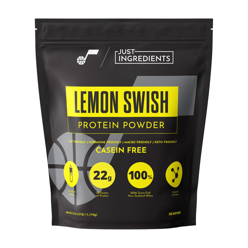 JUST INGREDIENTS Lemon Swish whey front jar image shows lemon flavor and clean packaging
