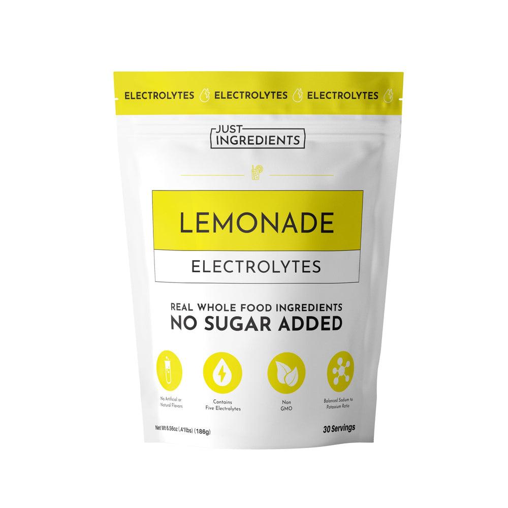 JUST INGREDIENTS Lemonade Electrolytes package highlights clean ingredients for daily hydration.
