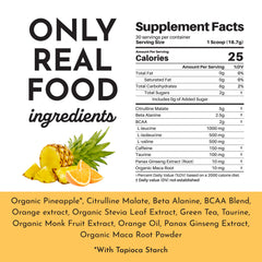 Just Ingredients Pre-Workout tub label highlights clean ingredients and transparency.