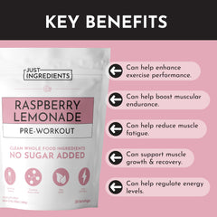Just Ingredients pre-workout Raspberry Lemonade glass showing vibrant flavor