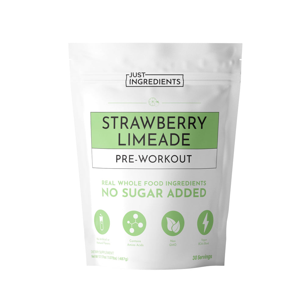 JUST INGREDIENTS Pre-Workout Strawberry Limeade bottle shows real ingredients for clean energy.