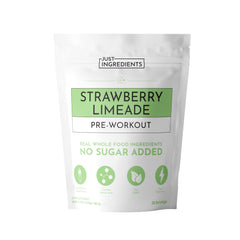 JUST INGREDIENTS Pre-Workout Strawberry Limeade bottle shows real ingredients for clean energy.