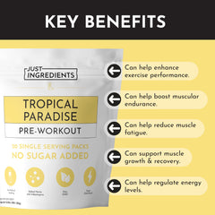 JUST INGREDIENTS Pre-Workout Tropical Paradise powder scoop ready to mix for stamina