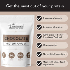 JUST INGREDIENTS Protein Powder Chocolate shake being blended demonstrates versatile use in smoothies