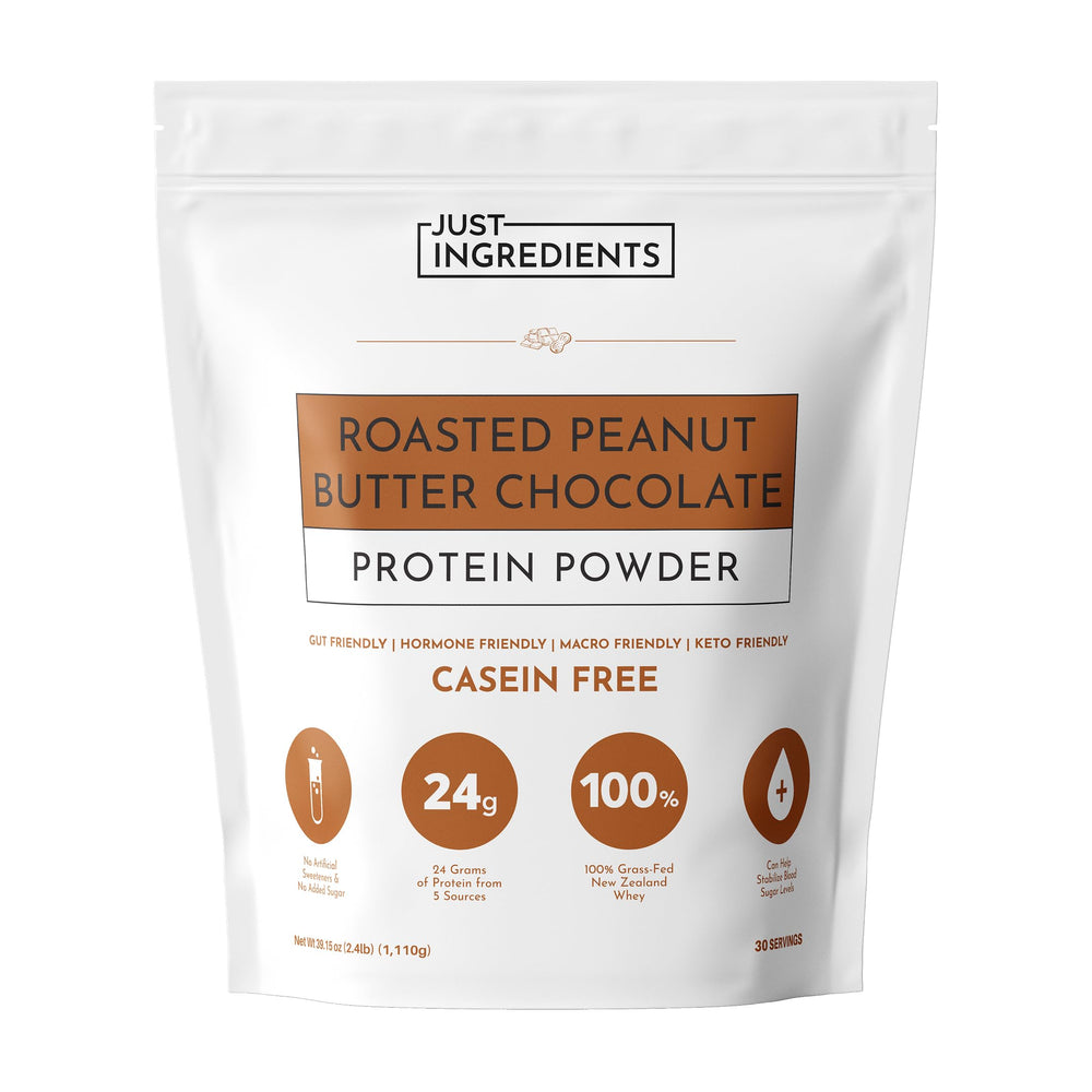 JUST INGREDIENTS Roasted Peanut Butter Chocolate Protein Powder jar shows premium protein blend for post-workout recovery
