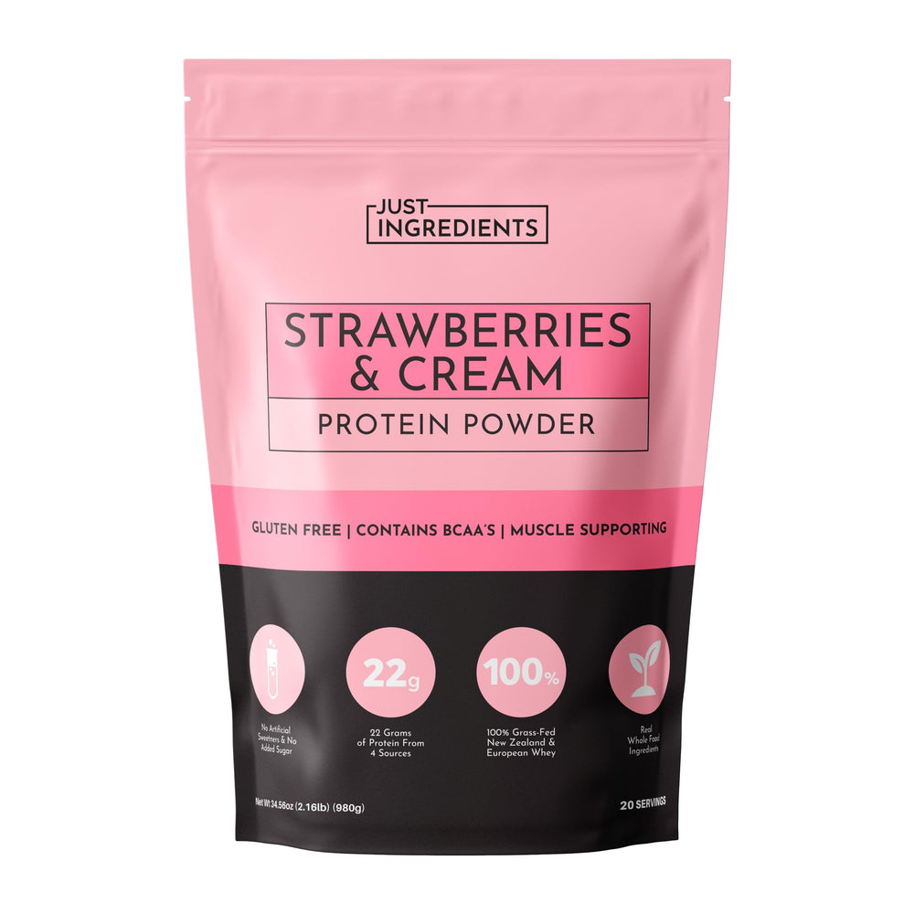 JUST INGREDIENTS Strawberries and Cream protein powder bottle highlights premium blend for recovery and energy