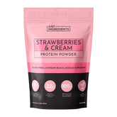 JUST INGREDIENTS Strawberries and Cream protein powder bottle highlights premium blend for recovery and energy