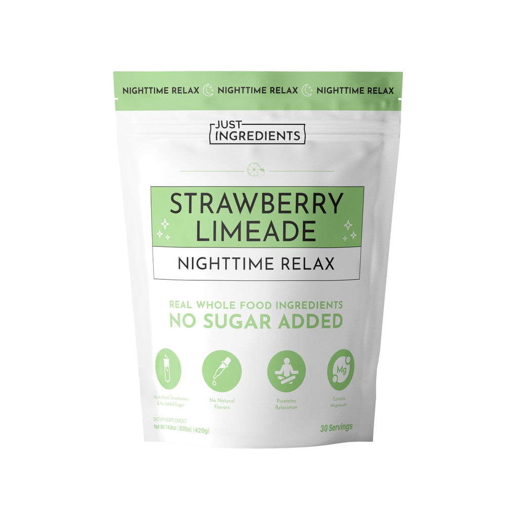 JUST INGREDIENTS Strawberry Limeade Nighttime Relax bottle shows travel-friendly sleep support.
