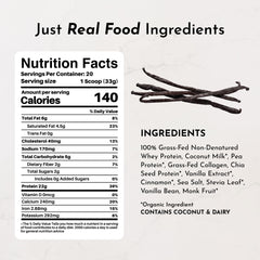 JUST INGREDIENTS protein powder bottle showing grass-fed whey and plant proteins.