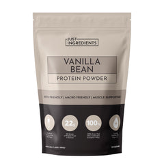 JUST INGREDIENTS Vanilla Bean Protein Powder jar with vanilla and cinnamon aroma.