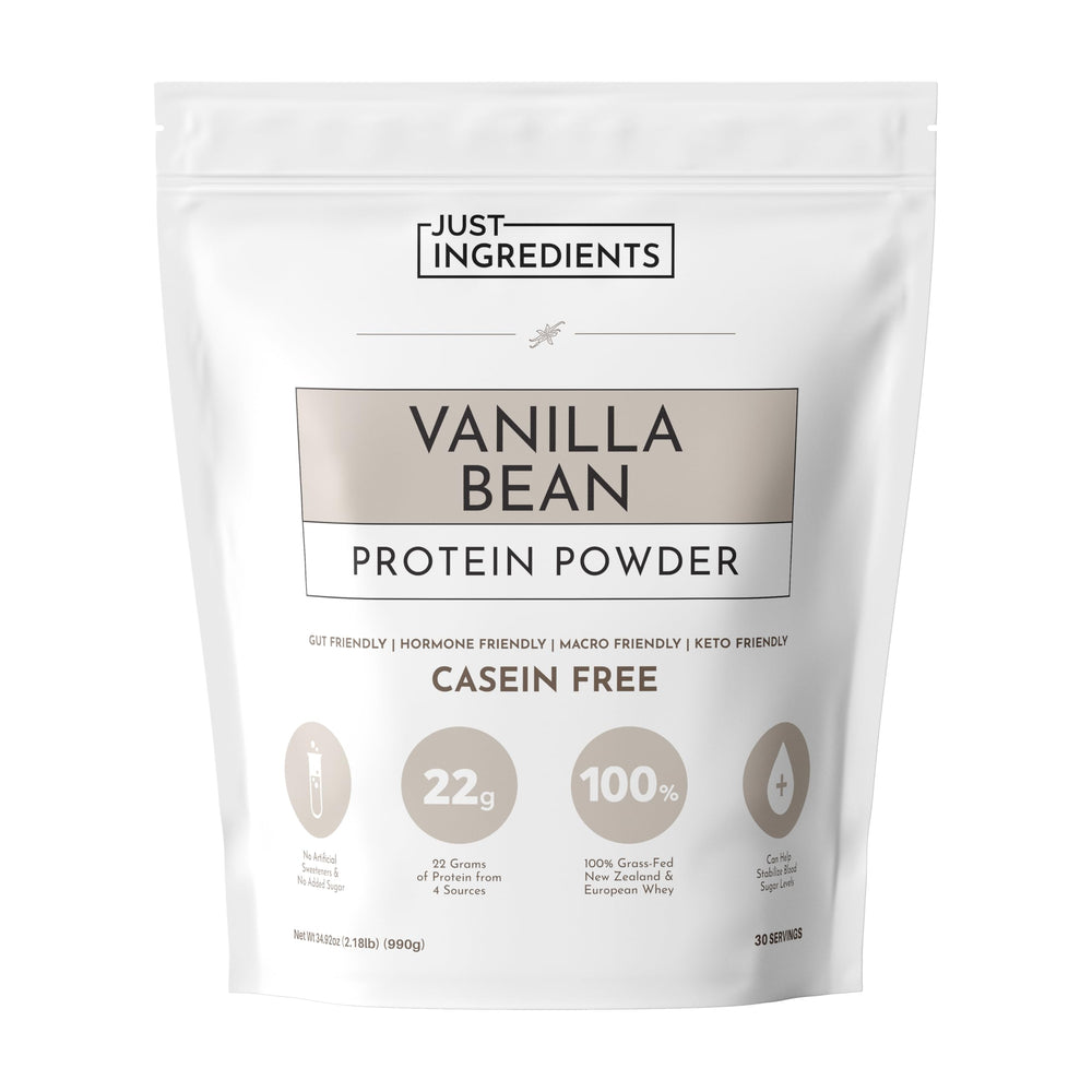 JUST INGREDIENTS Vanilla Bean Protein Powder tub showcases premium blend for daily energy
