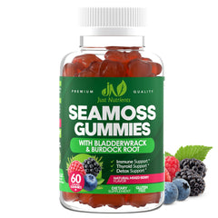 Just Nutrients Sea Moss 3000mg Gummies bottle on a counter for daily wellness.