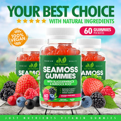 Just Nutrients Sea Moss 3000mg Gummies packaging with vegan and gluten-free icons.