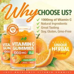 Just Nutrients Vitamin C Gummies packaging front highlighting gluten-free, vegetarian formula.